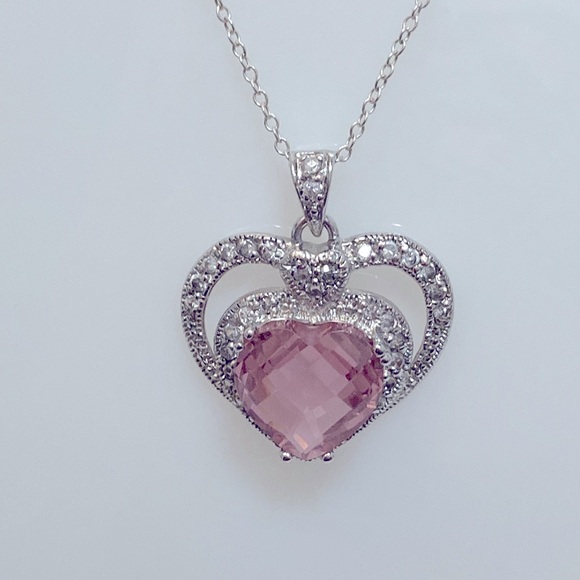 Double Heart 925 Silver Necklace & Pink Cubic Zirconia Heart Pendant - Picture 1 of 10